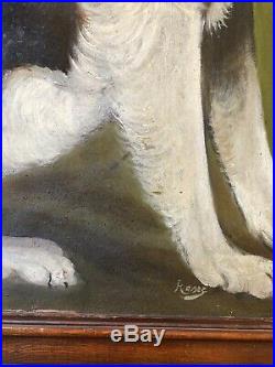 VICTORIAN DOG FOLK ART SIGNED SAINT BERNARD ANTIQUE PAINTING PORTRAIT With COLLAR