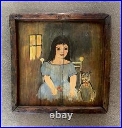 VINTAGE 1960's CAT YOUNG GIRL PORTRAIT OIL PAINTING MCM BARN WOOD FRAME