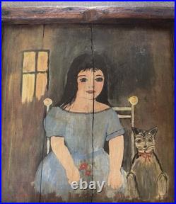 VINTAGE 1960's CAT YOUNG GIRL PORTRAIT OIL PAINTING MCM BARN WOOD FRAME