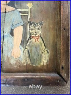 VINTAGE 1960's CAT YOUNG GIRL PORTRAIT OIL PAINTING MCM BARN WOOD FRAME