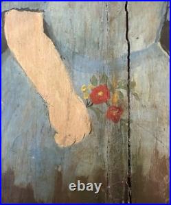 VINTAGE 1960's CAT YOUNG GIRL PORTRAIT OIL PAINTING MCM BARN WOOD FRAME