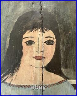 VINTAGE 1960's CAT YOUNG GIRL PORTRAIT OIL PAINTING MCM BARN WOOD FRAME