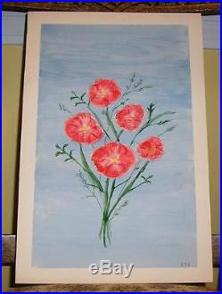 VINTAGE FOLK ART RED PINK POPPY FLOWERS MINIMALIST NAIVE OLD WithC ART PAINTING