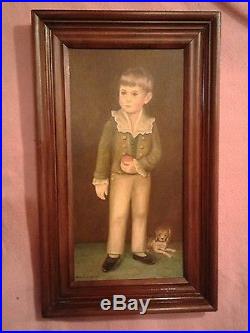 VINTAGE Folk Art Oil Painting on board of Young boy and dog Jane Eckelberry