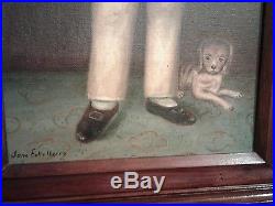 VINTAGE Folk Art Oil Painting on board of Young boy and dog Jane Eckelberry
