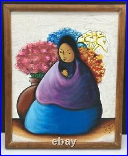 VINTAGE J ORTIZ Mother and Child Mexican Folk Art Oil on Canvas Painting