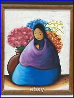 VINTAGE J ORTIZ Mother and Child Mexican Folk Art Oil on Canvas Painting