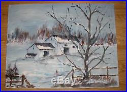 Vintage Minimalist Folk Art Winter Snow White House Landscape Trees Oil Painting