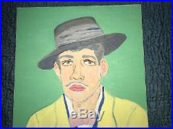 VINTAGE mens portrait original painting hand painted man hat folk pop fun colors