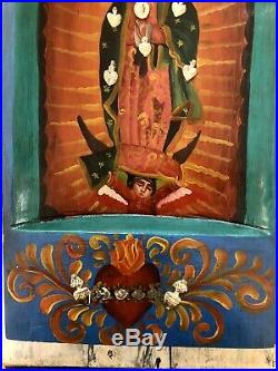 VIRGIN GUADALUPE NICHO Painted Batea Doughbowl w Milagros Mexican Folk Art 18