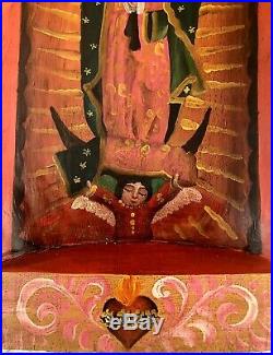 VIRGIN GUADALUPE Nicho Painted Batea Doughbowl Mexican Folk Art LG 17.5