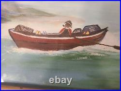 VIntage- Folk Art, Lobsterman, Lighthouse, rowboat Signed Acrylic on Board