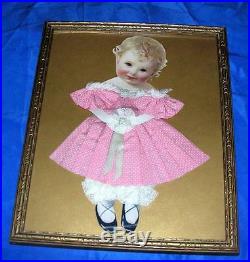 VTG 1920'S ANTIQUE FOLK ART PICTURE UNDER GLASS PAPER DOLL, REAL COTHES 8 x 10