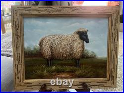 VTG Black Face Ram Folk Art Oil Board Barnyard Animal Primitive Framed Painting