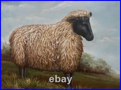 VTG Black Face Ram Folk Art Oil Board Barnyard Animal Primitive Framed Painting