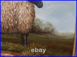 VTG Black Face Ram Folk Art Oil Board Barnyard Animal Primitive Framed Painting