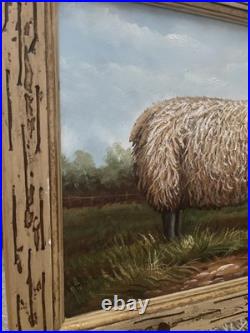 VTG Black Face Ram Folk Art Oil Board Barnyard Animal Primitive Framed Painting