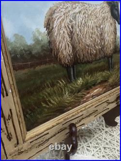 VTG Black Face Ram Folk Art Oil Board Barnyard Animal Primitive Framed Painting