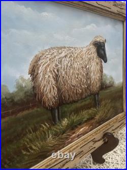 VTG Black Face Ram Folk Art Oil Board Barnyard Animal Primitive Framed Painting