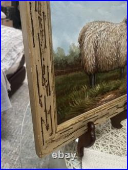 VTG Black Face Ram Folk Art Oil Board Barnyard Animal Primitive Framed Painting