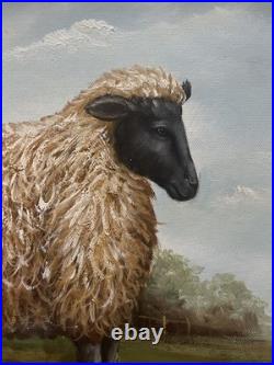 VTG Black Face Ram Folk Art Oil Board Barnyard Animal Primitive Framed Painting