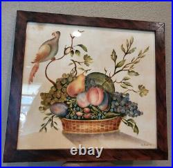 VTG Folk Art Theorem Painted Fabric Bird Fruit Branches Basket Framed M COLVIN