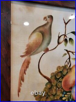 VTG Folk Art Theorem Painted Fabric Bird Fruit Branches Basket Framed M COLVIN