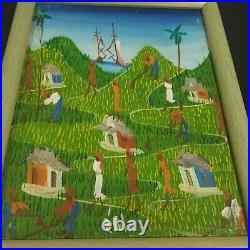 VTG Haitian art Painting on Canvas signed FOLK ART 9 X 11 field people boat
