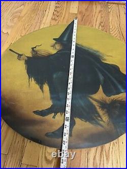 VTG Halloween 28 Full Moon Flying Witch On Broom Wood Sign Decoration Folk Art
