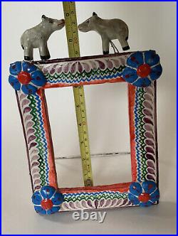 VTG MEXICAN FOLK ART POTTERY TREE OF LIFE CANDLE HOLDER LION And PICTURE FRAME