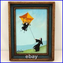 VTG Melita Howard Oil Painting Nuns at Play Hang Glider Folk Art Signed