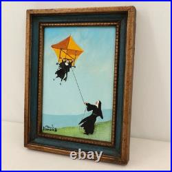VTG Melita Howard Oil Painting Nuns at Play Hang Glider Folk Art Signed