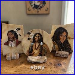 VTG Native American Indian Chief Painting Onyx Set Signed Southwestern Folk Art