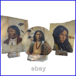 VTG Native American Indian Chief Painting Onyx Set Signed Southwestern Folk Art