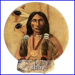 VTG Native American Indian Chief Painting Onyx Set Signed Southwestern Folk Art