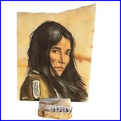 VTG Native American Indian Chief Painting Onyx Set Signed Southwestern Folk Art