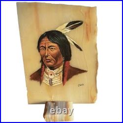 VTG Native American Indian Chief Painting Onyx Set Signed Southwestern Folk Art