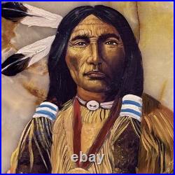 VTG Native American Indian Chief Painting Onyx Set Signed Southwestern Folk Art