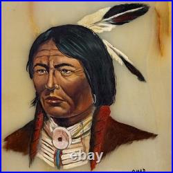 VTG Native American Indian Chief Painting Onyx Set Signed Southwestern Folk Art