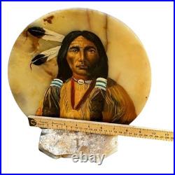 VTG Native American Indian Chief Painting Onyx Set Signed Southwestern Folk Art