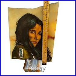 VTG Native American Indian Chief Painting Onyx Set Signed Southwestern Folk Art