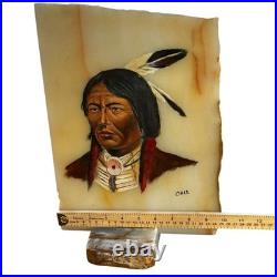 VTG Native American Indian Chief Painting Onyx Set Signed Southwestern Folk Art
