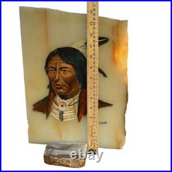 VTG Native American Indian Chief Painting Onyx Set Signed Southwestern Folk Art