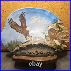 VTG Oil Painting Shelf Fungus Oyster Mushroom Folk Art American Bald Eagle