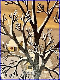 VTG Original KOWALSKI Folk Art Winter Scene Oil Painting Vibrant Colors Signed