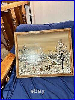 VTG Original KOWALSKI Folk Art Winter Scene Oil Painting Vibrant Colors Signed