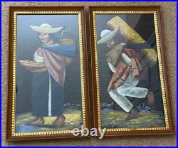 VTG Original Mexican Folk Art Oil Painting on Horse Hair Canvas Signed 24x14 MCM