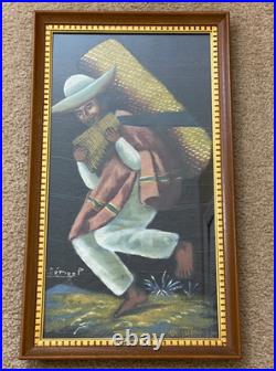 VTG Original Mexican Folk Art Oil Painting on Horse Hair Canvas Signed 24x14 MCM