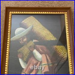 VTG Original Mexican Folk Art Oil Painting on Horse Hair Canvas Signed 24x14 MCM
