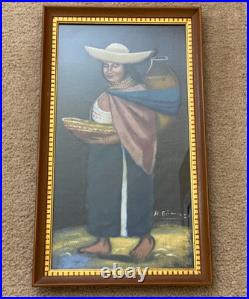 VTG Original Mexican Folk Art Oil Painting on Horse Hair Canvas Signed 24x14 MCM